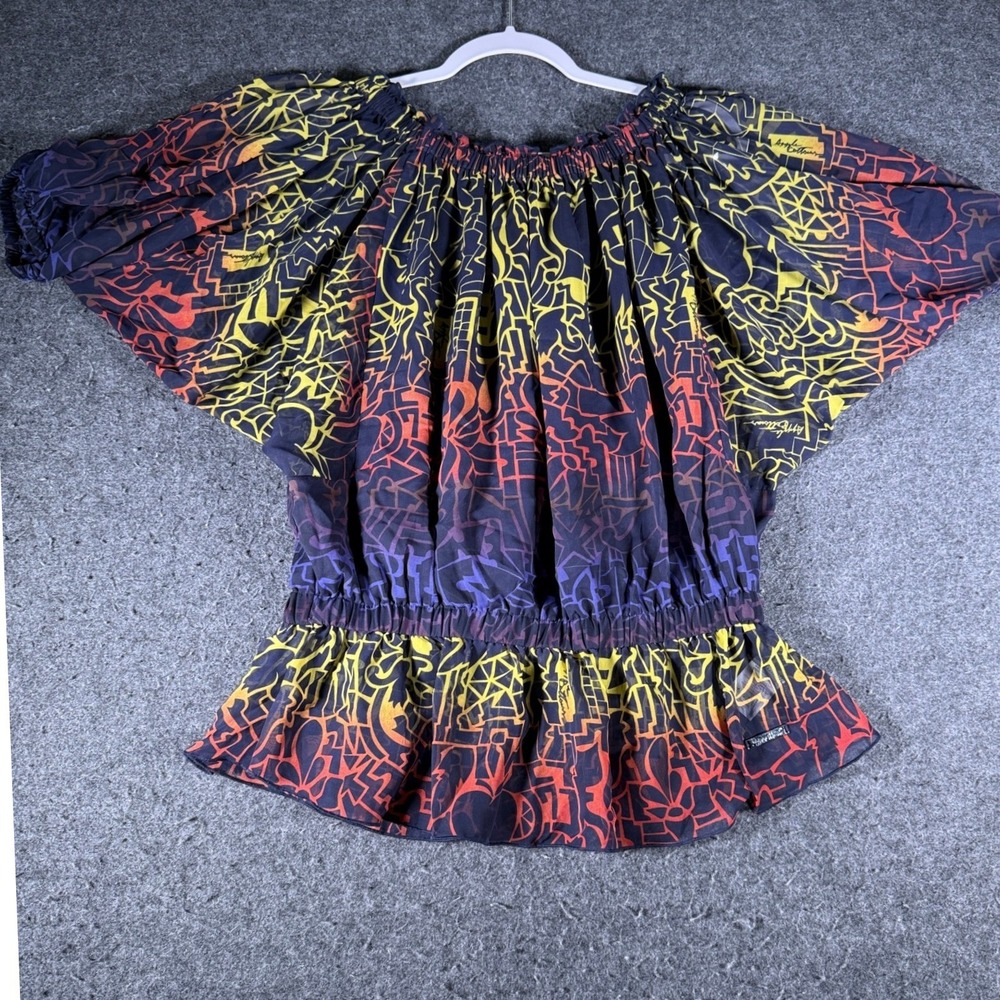 Apple Bottoms Womens Graffiti Print Peplum Blouse OffShoulder Sheer Multicolor L